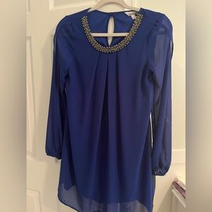 long sleeve formal dress with bejeweled neckline